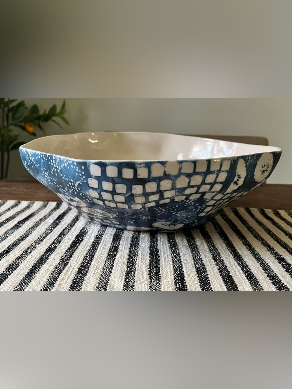 Jamie Young Co. Blue Block-Print Ceramic Centerpiece Serving Bowl Org $500